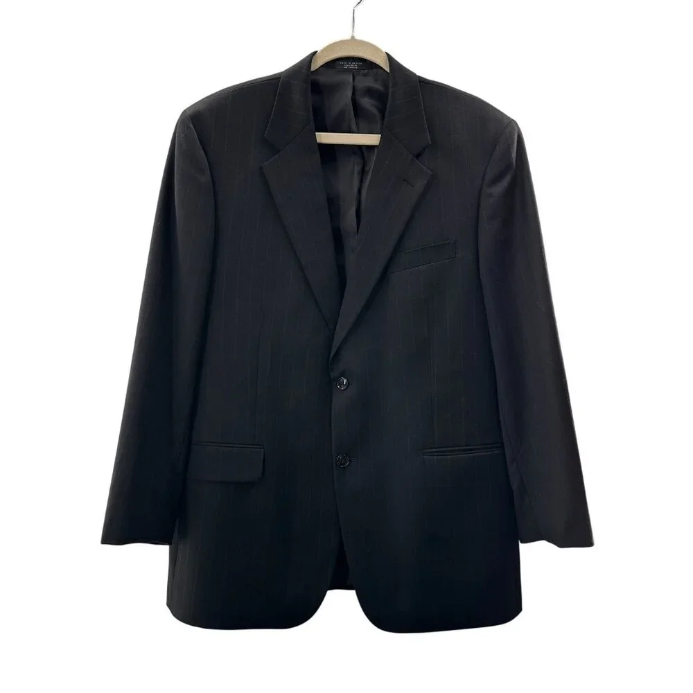 Tailors Row Mens Pinstripe Black Wool Suit Jacket Blazer‎ 46R Single Breasted